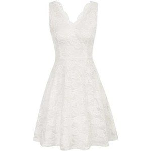 Women White V-Neck Lace Sleeveless A-Line Party Dresses with Pockets